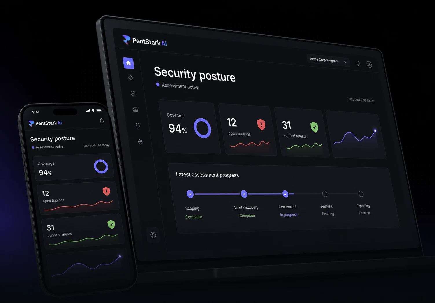 PentStark Security posture dashboard displayed on desktop and mobile devices